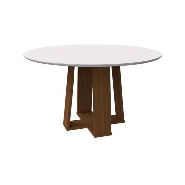 Imagem de mesa de jantar redonda com tampo de vidro isabela off white e imbuia 135 cm