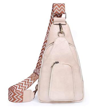 Imagem de KlaOYer Bolsas de couro para mulheres transversais pequenas pochete bolsas de peito com alça de guitarra para gril lady, Bege 2, Large, Transversal
