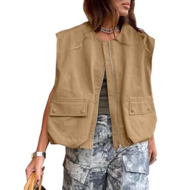 Imagem de PAODIKUAI Blazer feminino casual com zíper e bainha franzida, leve, sem mangas, jaqueta grande com bolsos, Marrom, G
