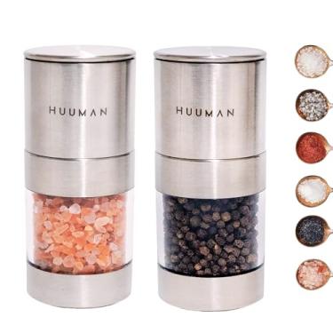 Imagem de Huuman Conjunto manual de moedor de sal e pimenta com rebarbas de cerâmica grossura ajustável, conjunto de moedor de sal e pimenta recarregável de aço inoxidável para sal rosa do Himalaia, sal de mesa