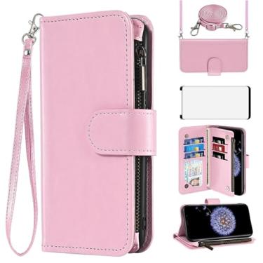 Imagem de Asuwish Capa de celular para Samsung Galaxy S9 Plus carteira com protetor de tela de vidro temperado alça transversal flip zíper suporte para cartão S9+ 9S 9+ S 9 9plus S9plus mulheres meninas homens