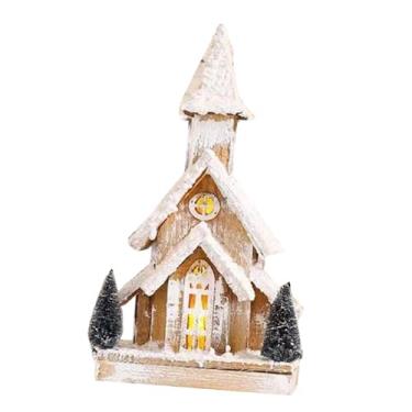Imagem de Amagogo Igreja de neve iluminada de madeira de Natal em miniatura decoração de mesa cena de neve de Natal