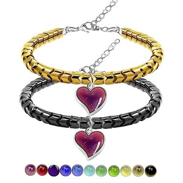 Imagem de JunyiDIY Um par de pulseiras de hematita em forma de engrenagem com pingentes de coração de humor termo sensível que muda de cor, presentes para casais, Aço inoxidável, hematita