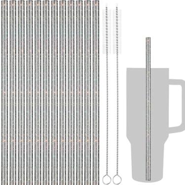 Imagem de NiHome Pacote com 12 canudos de substituição de glitter para Stanley Tumbler 1,134 g e 2 escovas de limpeza, 30,5 cm de comprimento, material PETG durável sem BPA para várias bebidas e copos, adiciona