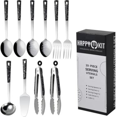 Imagem de HAPPY KIT Utensílios De Serviço De Metal De Aço Inoxidável - Conjunto De Colheres De Serviço, Colheres Com Fenda E Pinças De Serviço. Garfo De Serviço, Servidor De Bolo