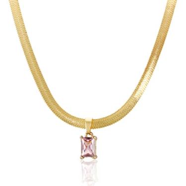 Imagem de JINHUI Colar gargantilha de corrente de cobra banhado a ouro 18 K para mulheres, colar delicado espinha de peixe, esmeralda/azul celeste/turmalina rosa/rubi/ametista/colar de pedra do mês de nascimento de cristal branco, Sem pedras preciosas