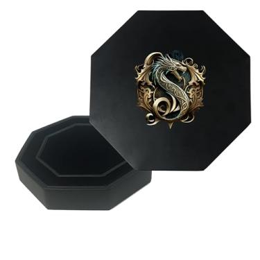 Imagem de Bandeja de dados DND com armazenamento, bandeja octogonal RPG de 23,5 cm, bandeja de dados forrada de feltro preto com tampa (selo de dragão)
