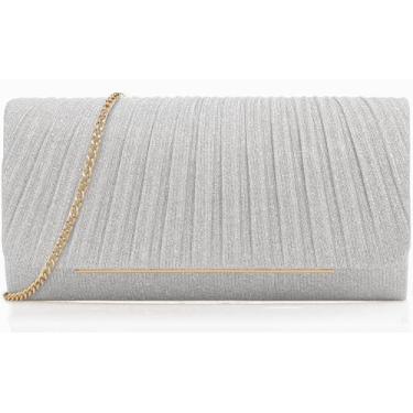 Imagem de nodeber Bolsa de mão feminina brilhante para noite com glitter e alça removível para casamentos, formaturas, coquetéis, Prata, Medium