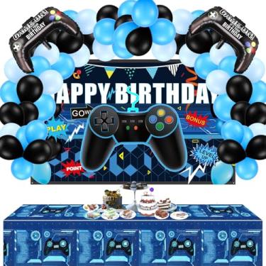 Imagem de Conjunto de 34 peças de artigos de festa de videogame, decorações para jogadores Brthday, incluindo pano de fundo de jogos de feliz aniversário, capas de mesa de jogos, balões multicoloridos e balões de alumínio para decoração de festa de jogos
