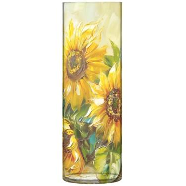 Imagem de Vaso de plástico grande com pintura a óleo de girassol, vaso de flores cilíndrico, decorativo, estético, decoração de banheiro, 30 cm x 9,9 cm