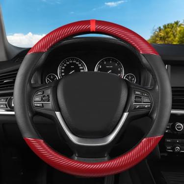 Imagem de Capa de volante de couro preto e vermelho de fibra de carbono, 35 a 38 cm, protetor de volante de carro de microfibra respirável antiderrapante para homens e mulheres
