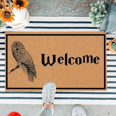 Imagem de Capacho engraçado coruja bem-vindo porta da frente entrada exterior tapete marrom presente com suporte antiderrapante resistente tapetes de boas-vindas de varanda durável 75 x 43 cm