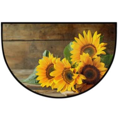 Imagem de cfpolar Tapete de porta meio redondo, floral, girassol, floral, antiderrapante, semicírculo, lavável, meia lua, para ambientes internos e externos, banheiro, cozinha, pátio, corredor, lavanderia