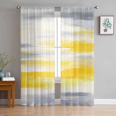 Imagem de Cortinas translúcidas abstratas, cortinas transparentes de voile com bolso de varão amarelo campestre para sala de estar, quarto, filtragem de luz e tratamento de janela de privacidade, L132 x C 213