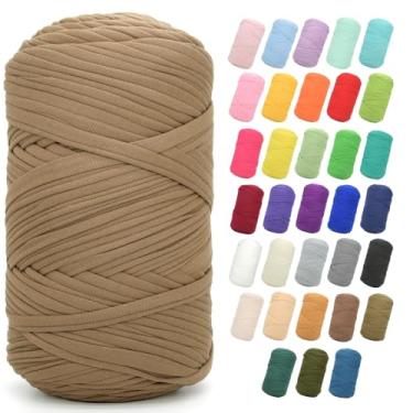 Imagem de Camiseta de 400 g para crochê, cáqui escuro, tecido elástico grosso, fio de crochê para iniciantes, bolsa de tricô à mão, cesta, porta-copos, artesanato faça você mesmo/decoração de casa