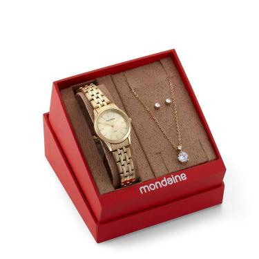 Imagem de Kit Relógio Mondaine Feminino com Colar e Brincos Semijoias Elegância Dourado 5ATM Estilo Clássico 32720LPMKDE1K1
