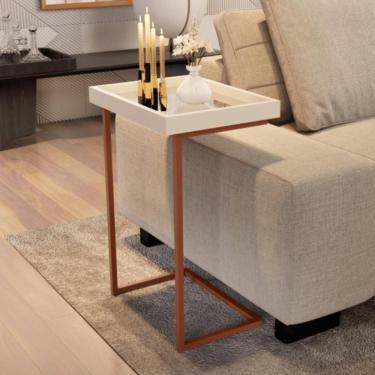 Imagem de Mesa De Apoio Lateral Sala De Estar 4774 Perola Pé De Ferro Bronze