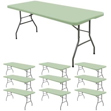 Imagem de Pacote com 10 toalhas de mesa ajustadas para mesas retangulares de 1,8 m, capa de mesa elástica verde sálvia para piquenique ao ar livre, toalhas de mesa dobráveis elásticas laváveis de 1,8 m para
