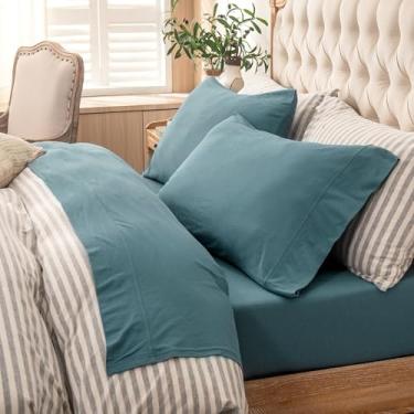 Imagem de PURE ERA Conjunto de lençóis de malha jersey 3 peças 100% algodão super macio confortável respirável cabe em colchões de até 50,8 cm bolso extra profundo (azul cerúleo sólido, solteiro GG)