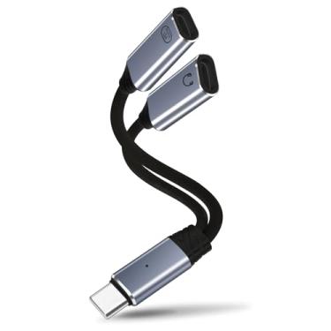 Imagem de HAUXGOGO USB C Splitter 1 entrada 2 saídas USB-C fone de ouvido e adaptador de carregamento, tipo-C PD 100W carregador rápido/áudio/adaptador de transferência de dados - cinza