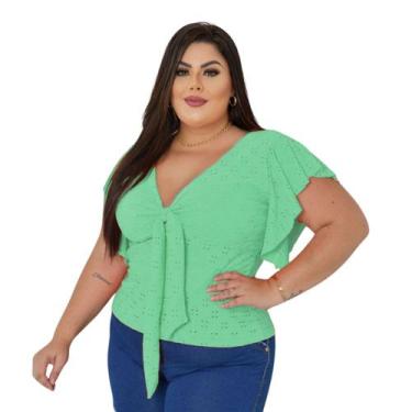 Imagem de Blusa Plus Size Feminina Gola V Amarração Manga Laise Renda de Malha -