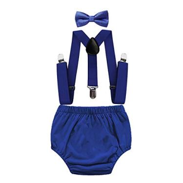 Imagem de FMYFWY Cake Smash Foto adereços fantasia meninos 1º 2º aniversário conjunto de roupas 3 peças sólido Bloomers suspensórios gravata borboleta, 001 azul royal, One Size