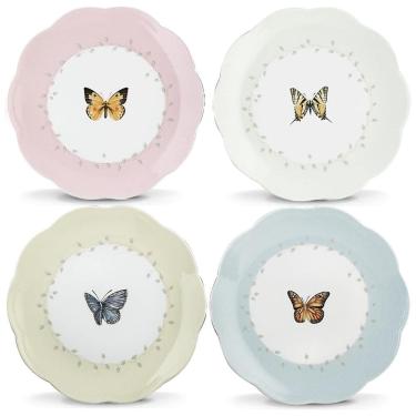 Imagem de Conjunto de Pratos para Sobremesa com 4 Peças, Formato Ondulado Redondo, Tema Borboleta e Material de Porcelana, LENOX 6444731, Colorido