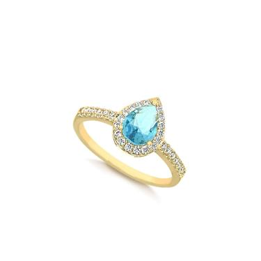 Imagem de Anel Princesa Gota Zircônias Azul Turquesa Banhado a Ouro