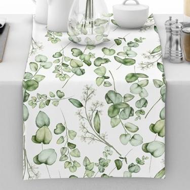 Imagem de Caminho de mesa de folhas verdes arte botânica corredores de mesa casa de fazenda decoração de casa sazonal para cozinha, jantar, festas, feriados, 33 x 182 cm