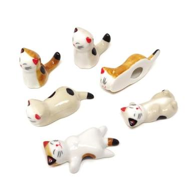 Imagem de 6 peças de pauzinhos de cerâmica de gato fofo suporte de pauzinhos de animais de desenho animado adorável decoração de mesa divertida para garfos, colheres, facas, pincéis de pintura"
