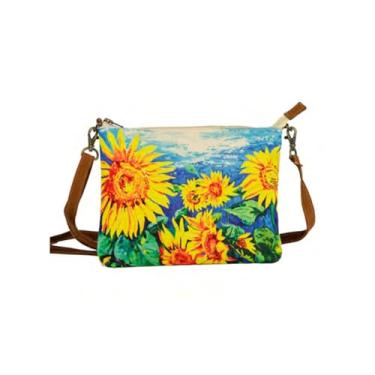 Imagem de COTT N CURLS Bolsa tiracolo Gogh Girassóis para mulheres – 82,5 x 25,5 cm bolsas de flores para mulheres, lona e couro com estampa floral em aquarela, bolsa casual de verão, bolsas de verão, presentes