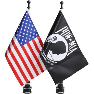 Imagem de E-Most Bandeira americana ajustável de 15 cm x 23 cm + suporte para mastro de bandeira e 15 cm x 23 cm POW MIA Bandeira You are Not Forgotten + suporte de mastro, para Harley Davidson Honda Goldwing