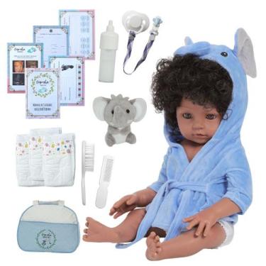 Imagem de Bebê Reborn Menino Negro Cabelo Cacheado Elefante Acessórios - Cegonha