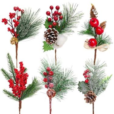 Imagem de MEMOVAN Palhetas e sprays de Natal, agulhas artificiais de pinheiro, ramos, bagas, caules vermelhos com baga vermelha, pinha, azevinho, palitos florais de Natal para artesanato, arranjos de flores