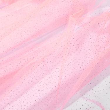 Imagem de YBEATY Tecido de tule com glitter, rede de tule rosa com lantejoulas iridescentes 1,8 m x 94 cm, tecido de tule brilhante rosa claro com lantejoulas prateadas para saia de véu de noiva, embrulho