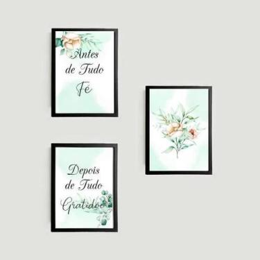 Imagem de Kit 3 Quadros Fé E Gratidão Floral Suave 45X34 Moldura Preta - Quadros
