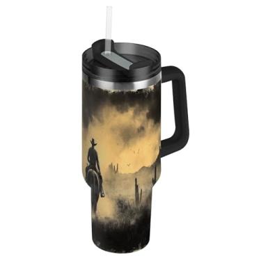 Imagem de Blueangle Copo cowboy americano de 1,134 g com alça e tampa de palha, caneca de viagem de aço inoxidável isolada a vácuo de parede dupla, garrafa de água reutilizável para academia de escritório ao ar