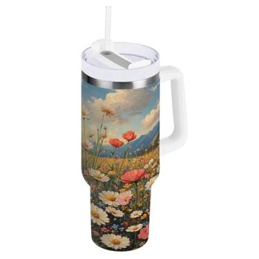 Imagem de Blueangle Copo vintage de pintura a óleo de flores silvestres de 1,134 g com alça e tampa de palha, copo isolado, reutilizável, garrafa de água de aço inoxidável, caneca de viagem (653)