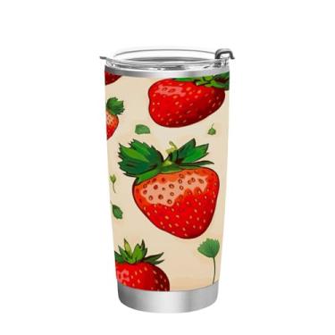 Imagem de Blueangle Copo de 590 ml com tampa e canudo, copo de café com água isolada a vácuo de aço inoxidável, caneca de viagem com padrão de morango, copo térmico para bebidas quentes e frias (239)