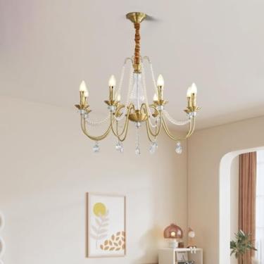 Imagem de Lustre de luxo totalmente em cobre e cristal - Luminária pendente moderna e minimalista em estilo francês para sala de estar, quarto e sala de jantar (8 lâmpadas)
