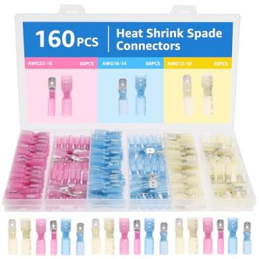 Imagem de Kit de conectores de pá termorretrátil de 160 peças, AWG 22-10 terminais de desconexão rápida de fio macho e fêmea com tubulação impermeável 3: 1, conectores de crimpagem para fiação eletrônica