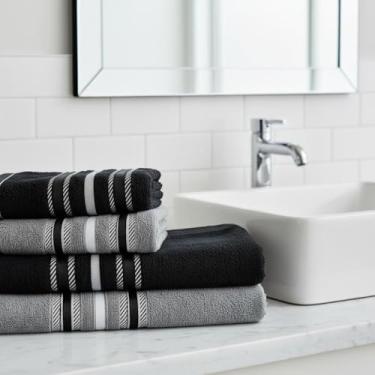 Imagem de Jogo de Toalha de Banho Conjunto de 4 PeçAs AlgodãO DuráVel e de Secagem RáPida Adequado para Uso Familiar(2 Banho/2 Rosto Preto-Cinza)