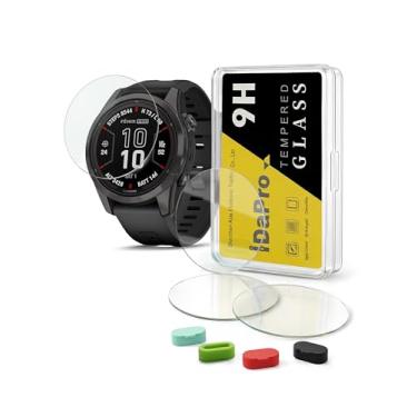 Imagem de [Pacote com 4] Protetor de tela para relógio Garmin Fenix 7S Solar / 7S / 7S Sapphire Solar + plugues de silicone antipoeira, vidro temperado iDaPro antiarranhões sem bolhas