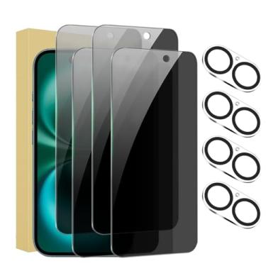 Imagem de Pacote com 4 + 4 protetores de tela para iPhone 16 Plus com protetor de lente de câmera cobertura total, película de vidro temperado anti-espião, dureza 9H, fácil instalação, sem bolhas [6,7 polegadas