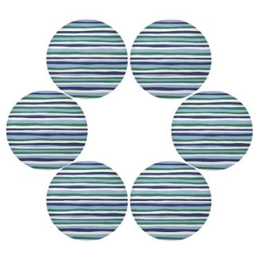 Imagem de Wassud Jogo americano conjunto de 6 tapetes redondos com listras azuis marinhas para cozinha e jantar, tapetes laváveis e resistentes ao calor, decoração de mesa 39 cm