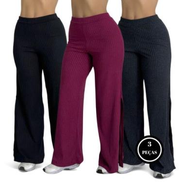 Imagem de Kit 3 Calça Feminina Wide Leg Pantalona Cintura Alta Tecido - c3 KIT 3