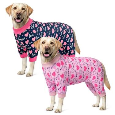 Imagem de Vehomy Pacote com 2 pijamas para cães de dia dos namorados fantasia de cachorro com padrões de coração de amor para animais de estimação, macacões, roupas de coração doce, pijamas para cães médios e