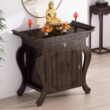 Imagem de Mesa de altar de meditação de bambu com armazenamento, armário de santuário de Buda simples, mesa de oferta budista vintage para casa, design de nicho chinês (79,8 cm x 39,9 cm x 99,8 cm)