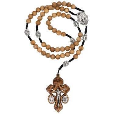 Imagem de Rosário de madeira com cruz de perdão e medalha de centro de Nossa Senhora da Graça | 42 cm de comprimento | Ótimo presente católico para a primeira comunhão ou confirmação