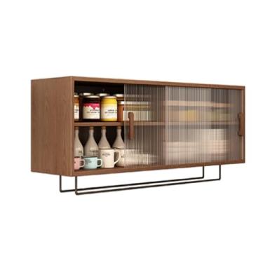 Imagem de Armário de medicamentos de madeira de borracha com porta de vidro, porta deslizante para banheiro, suporte de exibição flutuante, prateleiras ajustáveis para organização de cozinha e despensa